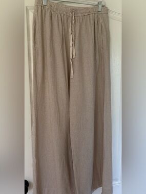 Max Studio London Wide Leg Linen Blend Pull-On Pants Size Large Neutral Stripe